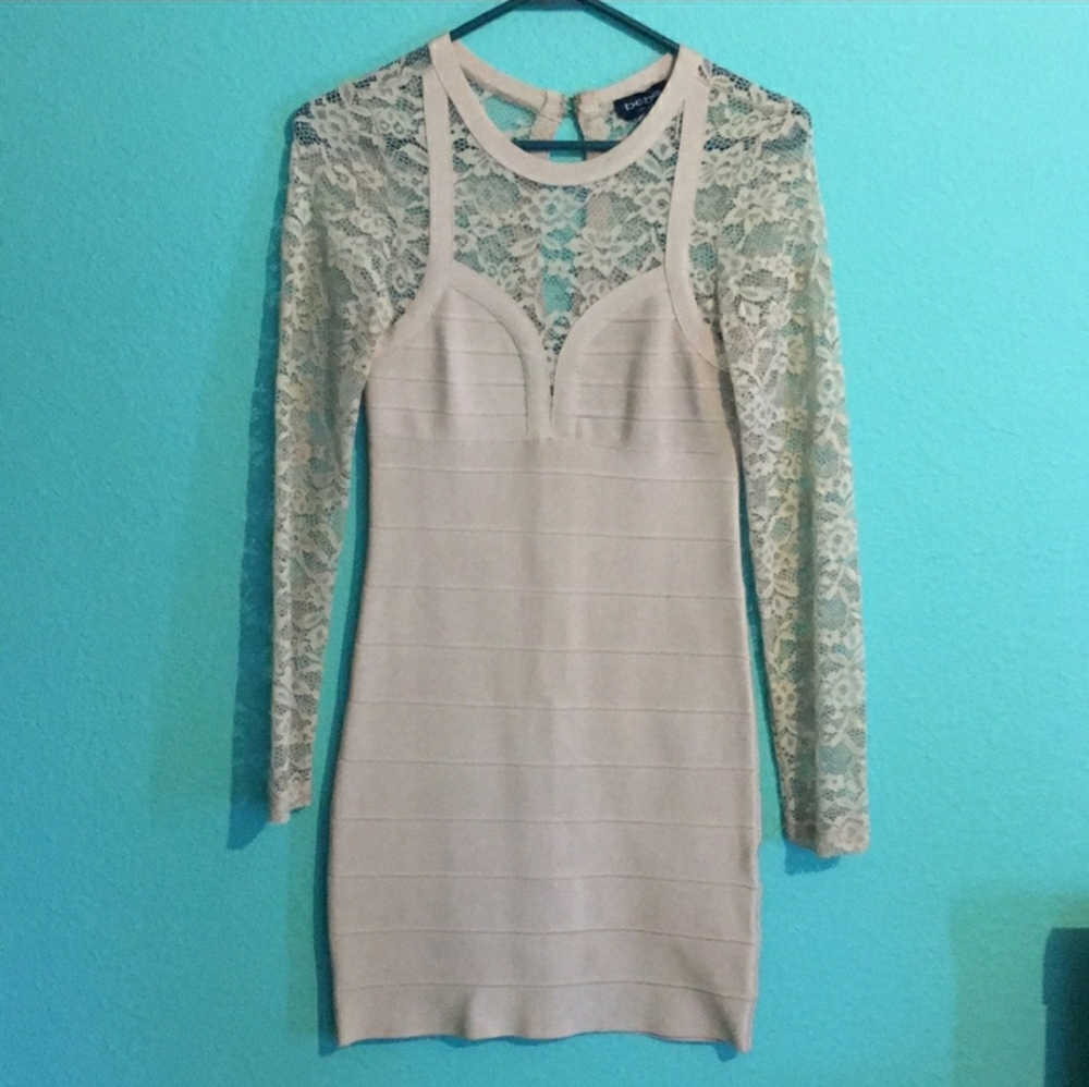 Bebe Beige Bandage Dress with Lace Sleeves